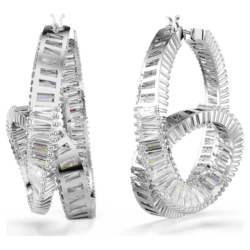 Matrix hoop earrings, Baguette cut, Ribbon, White, Rhodium plated by SWAROVSKI