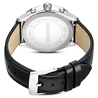 Dextera tachymetre watch, Swiss Made, Leather strap, Silver Tone, Stainless steel by SWAROVSKI