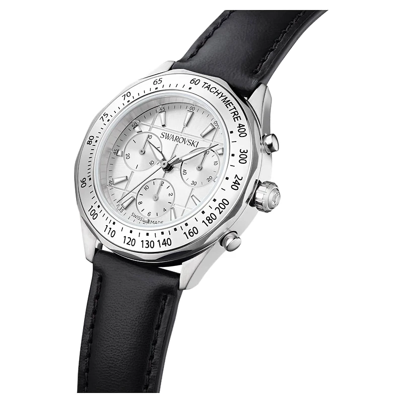 Dextera tachymetre watch, Swiss Made, Leather strap, Silver Tone, Stainless steel by SWAROVSKI