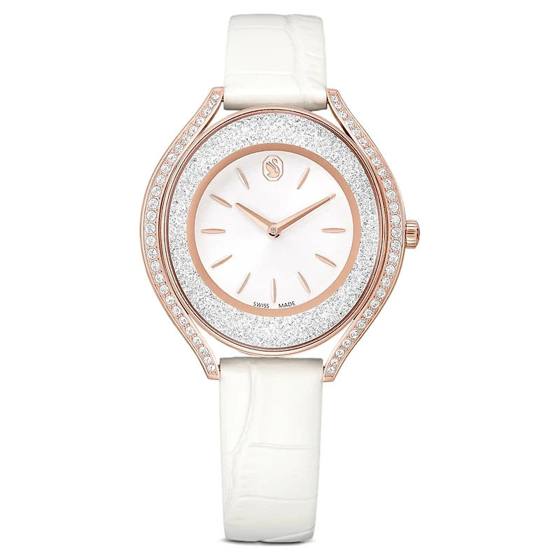 Crystalline aura watch, Swiss Made, Leather strap, White, Rose gold-tone finish by SWAROVSKI
