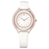 Crystalline aura watch, Swiss Made, Leather strap, White, Rose gold-tone finish by SWAROVSKI