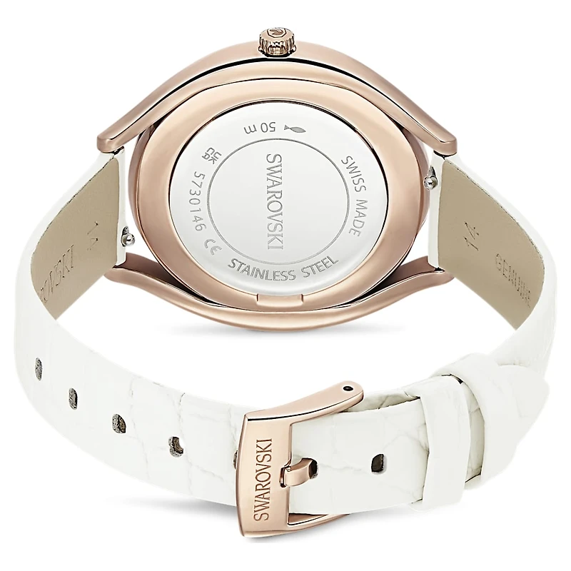Crystalline aura watch, Swiss Made, Leather strap, White, Rose gold-tone finish by SWAROVSKI