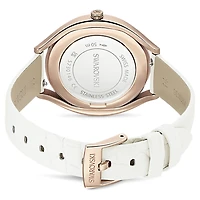 Crystalline aura watch, Swiss Made, Leather strap, White, Rose gold-tone finish by SWAROVSKI