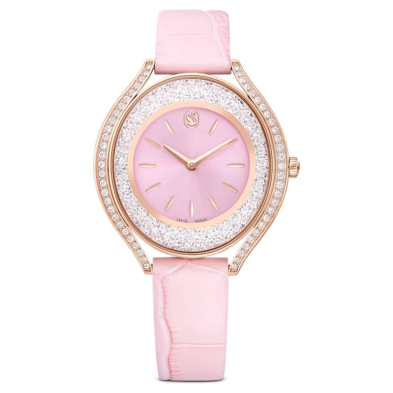 Crystalline aura watch, Swiss Made, Leather strap, Pink, Rose gold-tone finish by SWAROVSKI