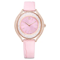 Crystalline aura watch, Swiss Made, Leather strap, Pink, Rose gold-tone finish by SWAROVSKI