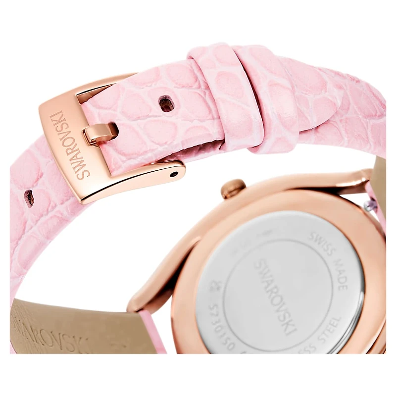 Crystalline aura watch, Swiss Made, Leather strap, Pink, Rose gold-tone finish by SWAROVSKI