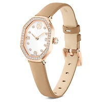 Dextera octagon watch, Swiss Made, Leather strap, Brown, Rose gold-tone finish by SWAROVSKI