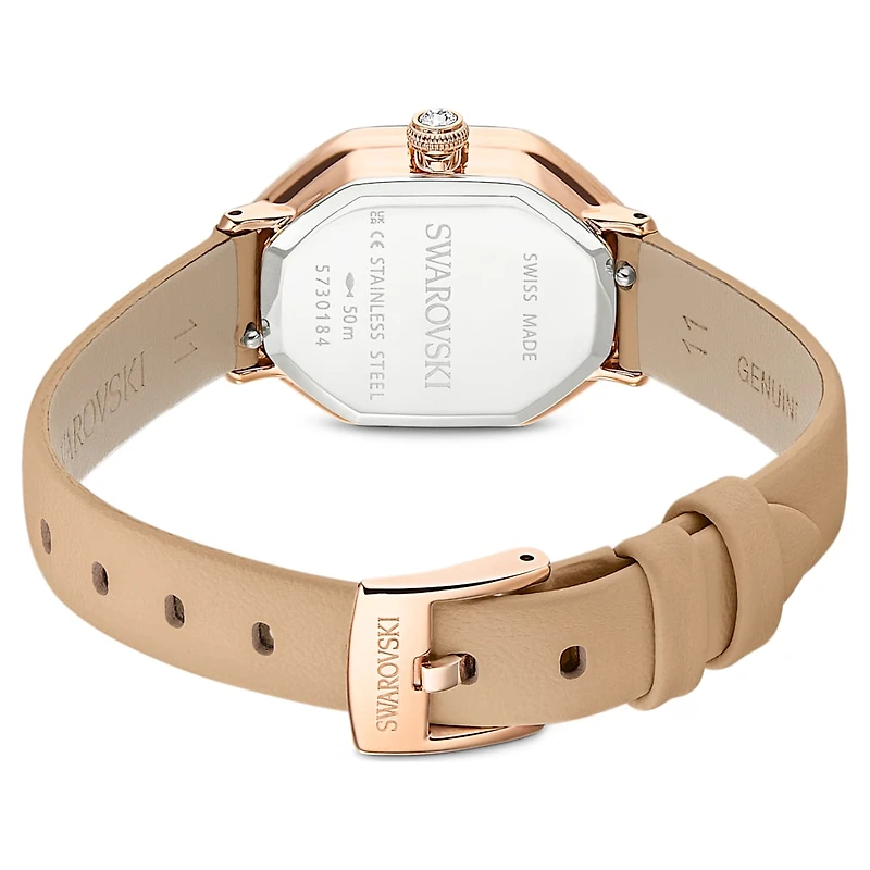 Dextera octagon watch, Swiss Made, Leather strap, Brown, Rose gold-tone finish by SWAROVSKI