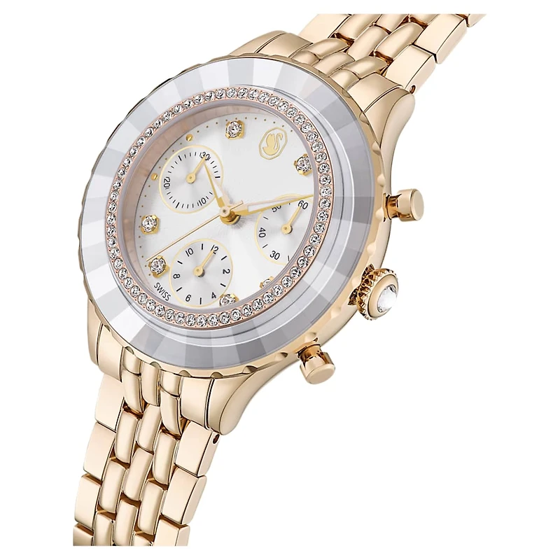 Octea chrono watch, Swiss Made, Metal bracelet, Gold tone, Champagne gold-tone finish by SWAROVSKI