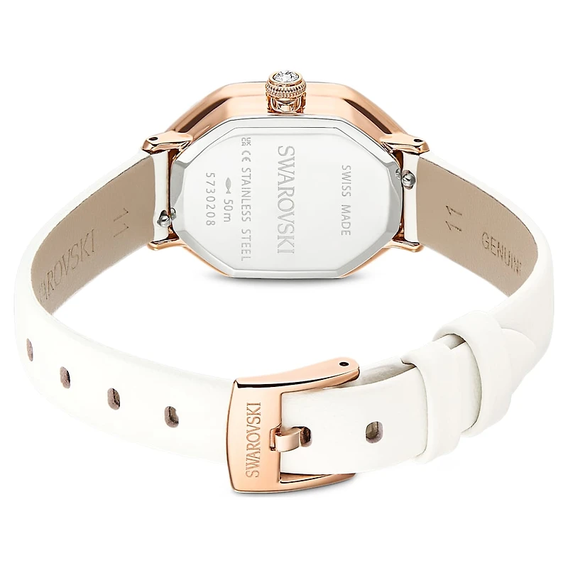 Dextera octagon watch, Swiss Made, Leather strap, White, Rose gold-tone finish by SWAROVSKI