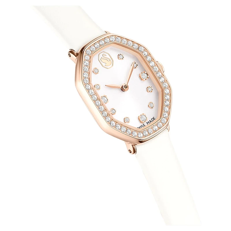 Dextera octagon watch, Swiss Made, Leather strap, White, Rose gold-tone finish by SWAROVSKI