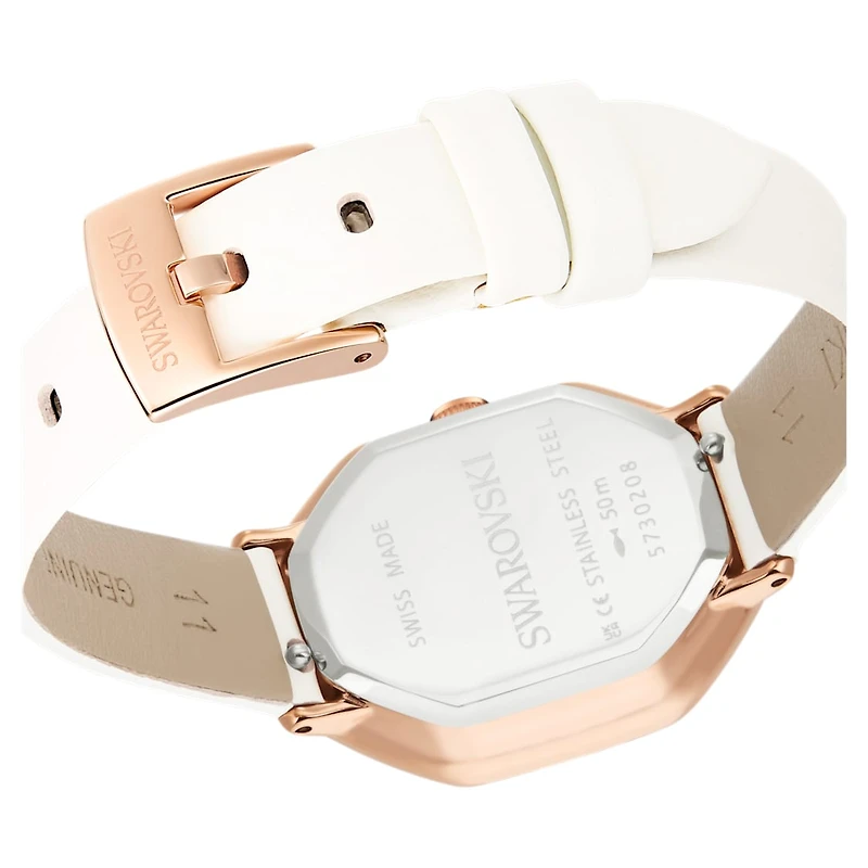 Dextera octagon watch, Swiss Made, Leather strap, White, Rose gold-tone finish by SWAROVSKI