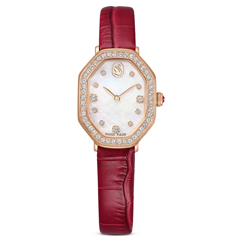 Dextera octagon watch, Swiss Made, Leather strap, Red, Rose gold-tone finish by SWAROVSKI