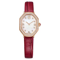 Dextera octagon watch, Swiss Made, Leather strap, Red, Rose gold-tone finish by SWAROVSKI