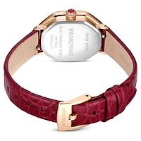 Dextera octagon watch, Swiss Made, Leather strap, Red, Rose gold-tone finish by SWAROVSKI