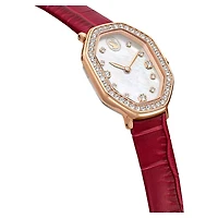 Dextera octagon watch, Swiss Made, Leather strap, Red, Rose gold-tone finish by SWAROVSKI