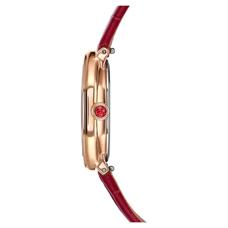 Dextera octagon watch, Swiss Made, Leather strap, Red, Rose gold-tone finish by SWAROVSKI