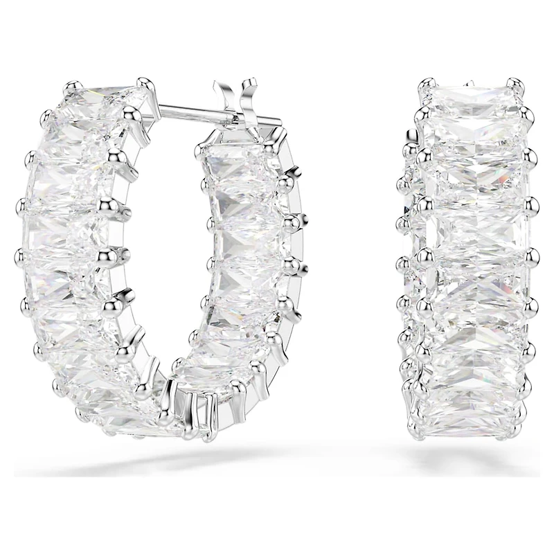 Matrix hoop earrings, Baguette cut, White, Rhodium plated by SWAROVSKI