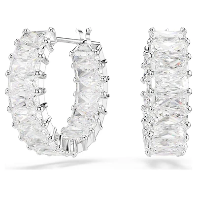Matrix hoop earrings, Baguette cut, White, Rhodium plated by SWAROVSKI