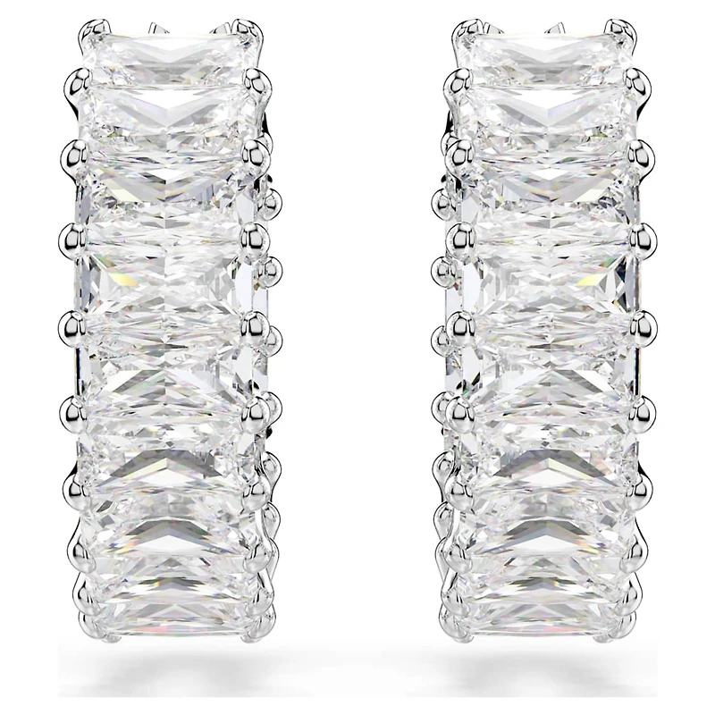 Matrix hoop earrings, Baguette cut, White, Rhodium plated by SWAROVSKI