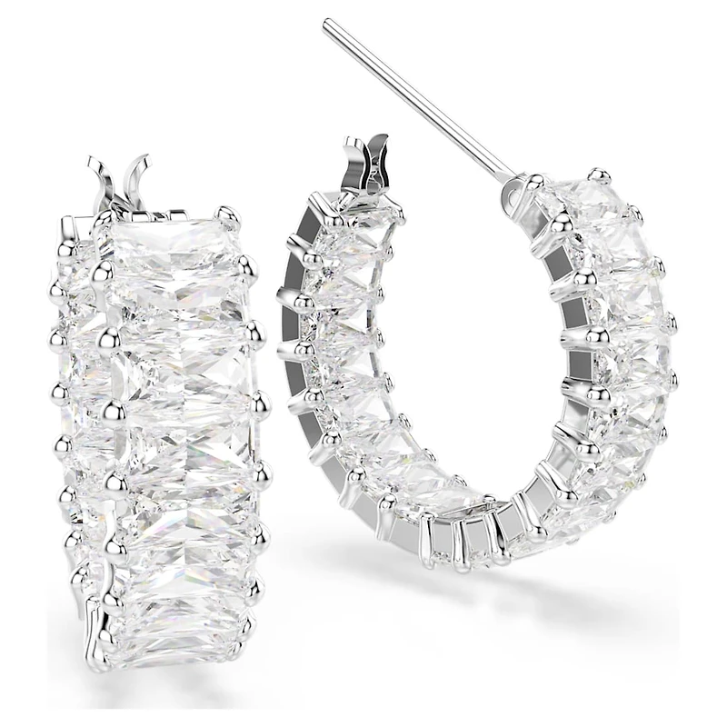 Matrix hoop earrings, Baguette cut, White, Rhodium plated by SWAROVSKI