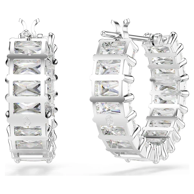Matrix hoop earrings, Baguette cut, White, Rhodium plated by SWAROVSKI