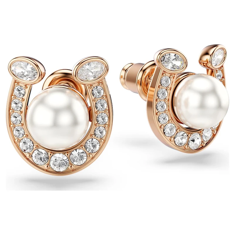 Symbolica stud earrings, Crystal pearl, Pavé, Horse shoe, White, Rose gold-tone plated by SWAROVSKI