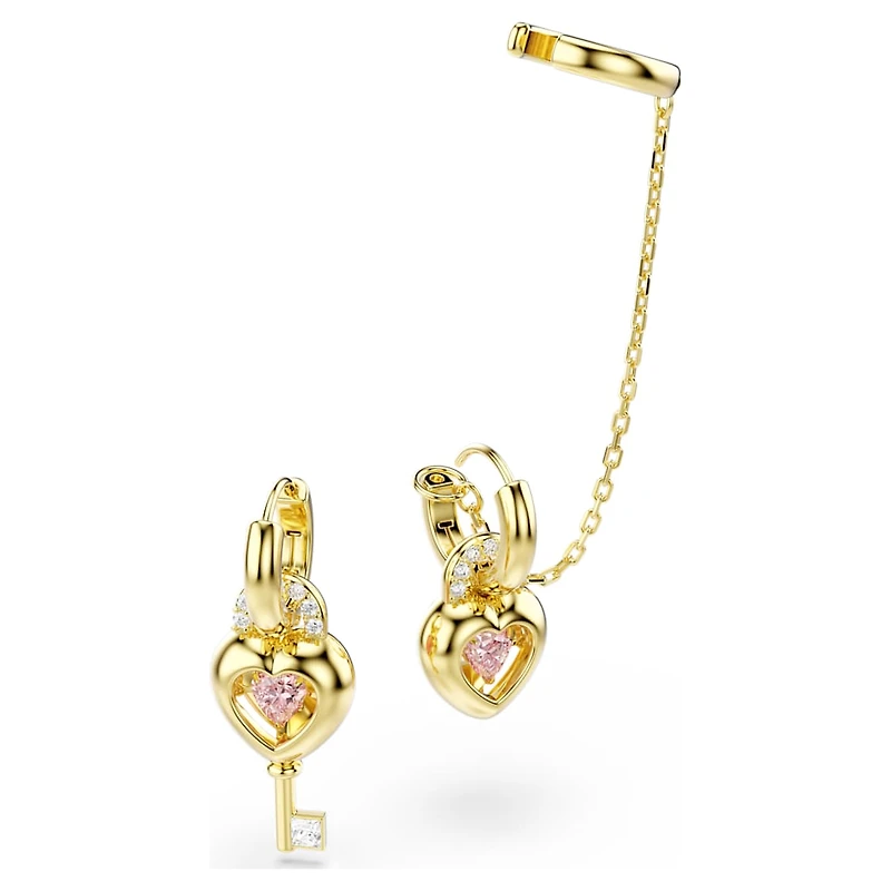 Idyllia drop earrings with ear cuff, Mixed cuts, Heart with key, Pink, Gold-tone plated by SWAROVSKI