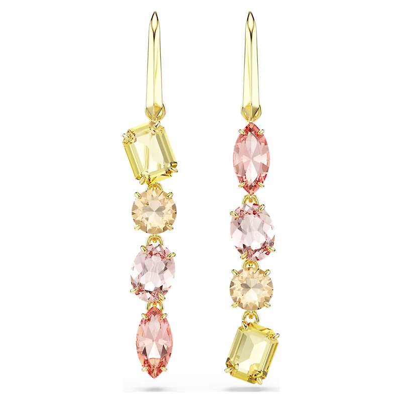 Gema drop earrings, Asymmetrical design, Mixed cuts, Pink, Gold-tone plated by SWAROVSKI