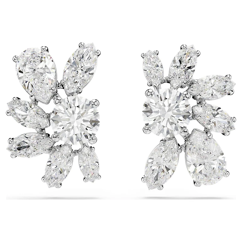 Mesmera stud earrings, Mixed cuts, Flower, White, Rhodium plated by SWAROVSKI