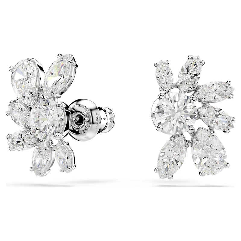 Mesmera stud earrings, Mixed cuts, Flower, White, Rhodium plated by SWAROVSKI