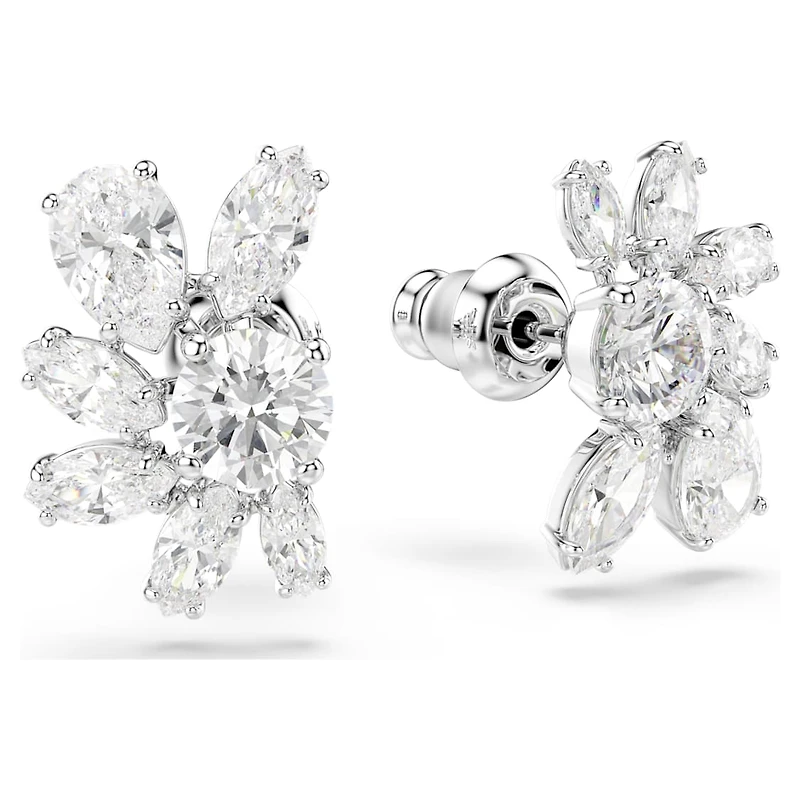 Mesmera stud earrings, Mixed cuts, Flower, White, Rhodium plated by SWAROVSKI