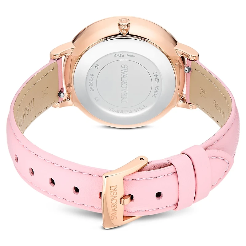 Teddy watch, Swiss Made, Leather strap, Pink, Rose gold-tone finish by SWAROVSKI