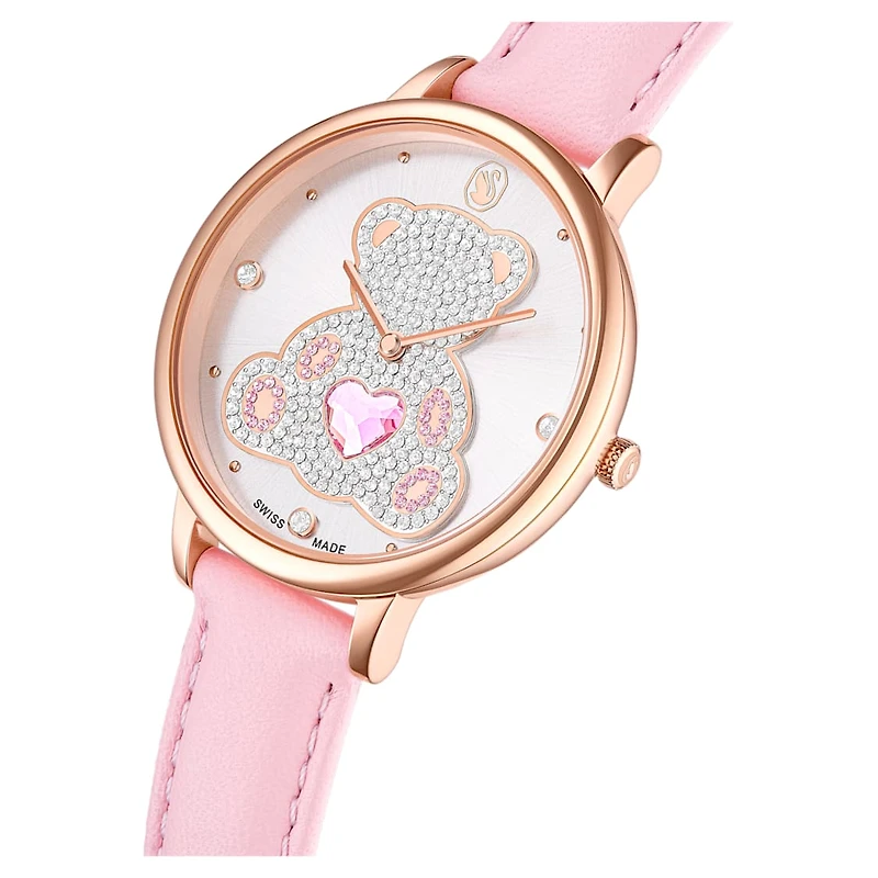 Teddy watch, Swiss Made, Leather strap, Pink, Rose gold-tone finish by SWAROVSKI