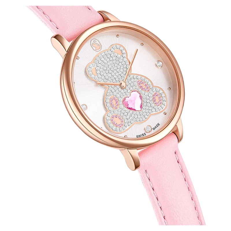 Teddy watch, Swiss Made, Leather strap, Pink, Rose gold-tone finish by SWAROVSKI