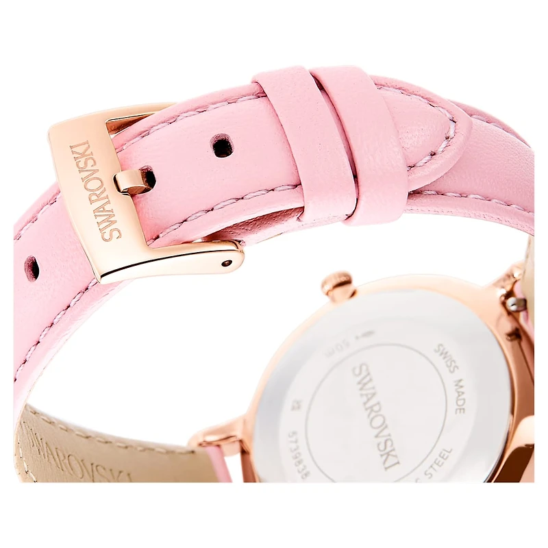 Teddy watch, Swiss Made, Leather strap, Pink, Rose gold-tone finish by SWAROVSKI