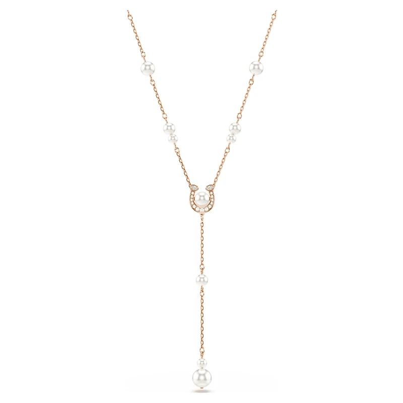 Symbolica Y necklace, Crystal pearl, Pavé, Horse shoe, White, Rose gold-tone plated by SWAROVSKI