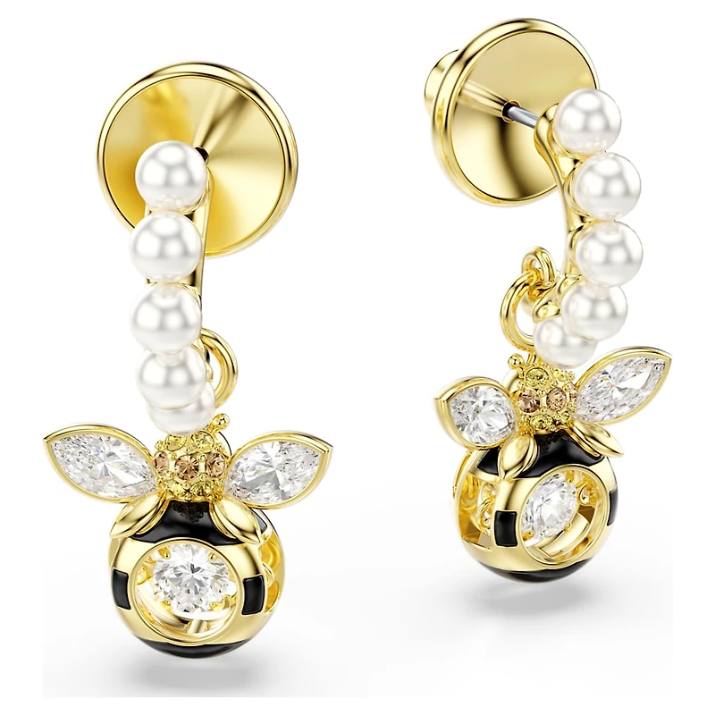 Idyllia drop earrings, Crystal pearl, Mixed cuts, Bee, Multicoloured, Gold-tone plated by SWAROVSKI