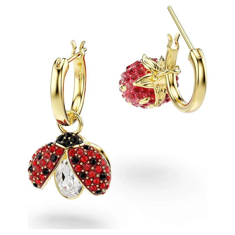 Idyllia drop earrings, Set (3), Ladybird, clover, strawberry, Multicoloured, Gold-tone plated by SWAROVSKI