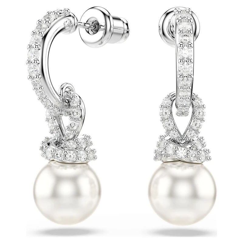 Originally drop earrings, Crystal pearl, Pavé, White, Rhodium plated by SWAROVSKI
