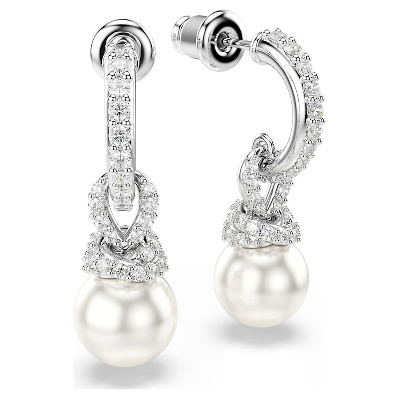 Originally drop earrings, Crystal pearl, Pavé, White, Rhodium plated by SWAROVSKI