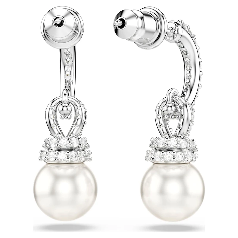 Originally drop earrings, Crystal pearl, Pavé, White, Rhodium plated by SWAROVSKI