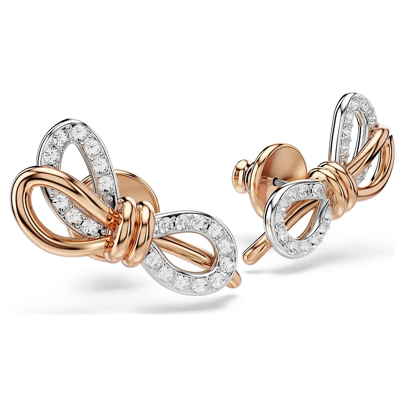 Lifelong stud earrings, Pavé, Bow, White, Mixed metal finish by SWAROVSKI