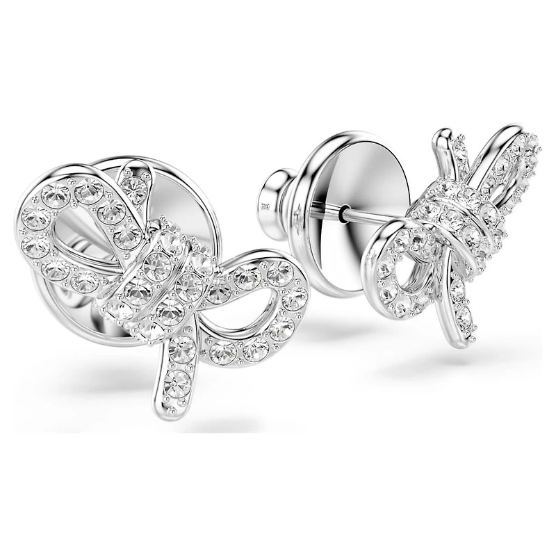 Lifelong stud earrings, Pavé, Bow, White, Rhodium plated by SWAROVSKI