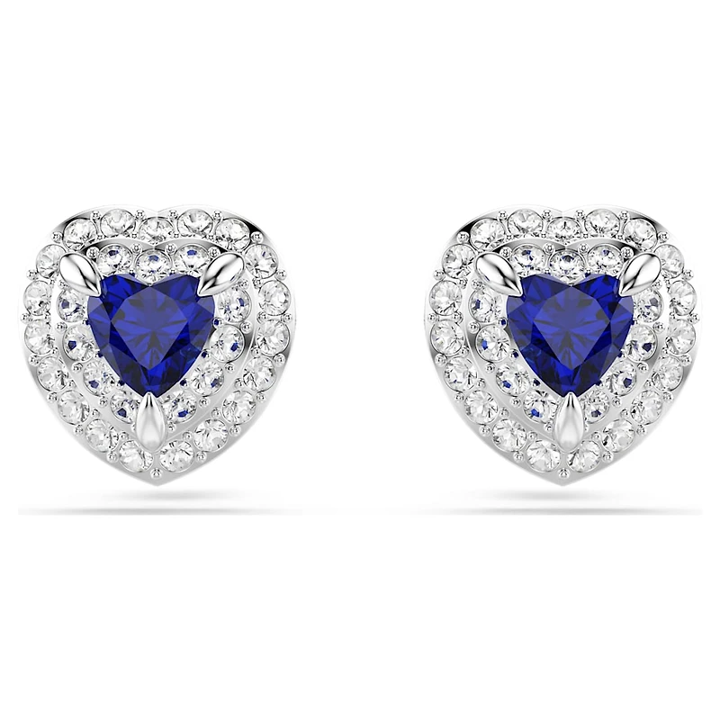 One stud earrings, Heart cut, Pavé, Heart, Blue, Rhodium plated by SWAROVSKI