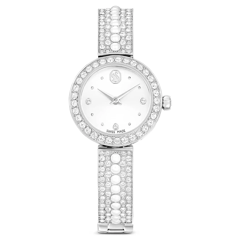 Matrix pearl bangle watch, Swiss Made, Crystal bracelet, White, Stainless steel by SWAROVSKI