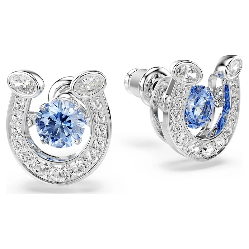 Symbolica stud earrings, Round cut, Pavé, Horseshoe, Blue, Rhodium plated by SWAROVSKI