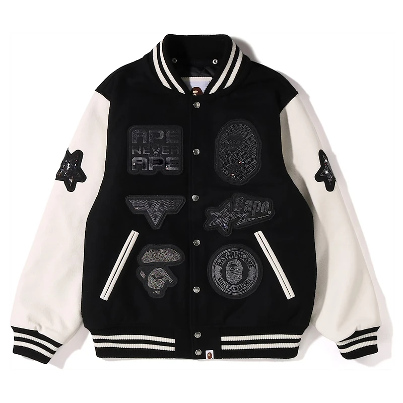 A BATHING APE® Shark Hooded Varsity Jacket, Black and white by SWAROVSKI