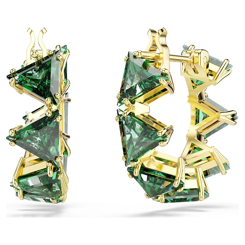 Matrix hoop earrings, Triangle cut, Triangle, Mini, Green, Gold-tone plated by SWAROVSKI