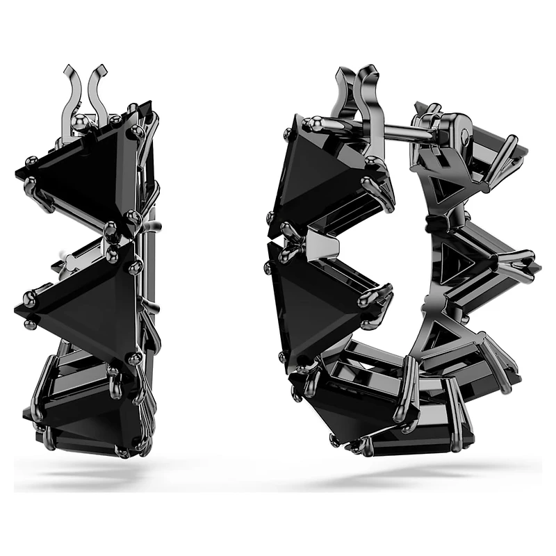 Matrix hoop earrings, Triangle cut, Triangle, Mini, Black, Ruthenium plated by SWAROVSKI